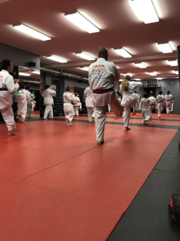 Iron Fist Taekwondo class practicing kicks